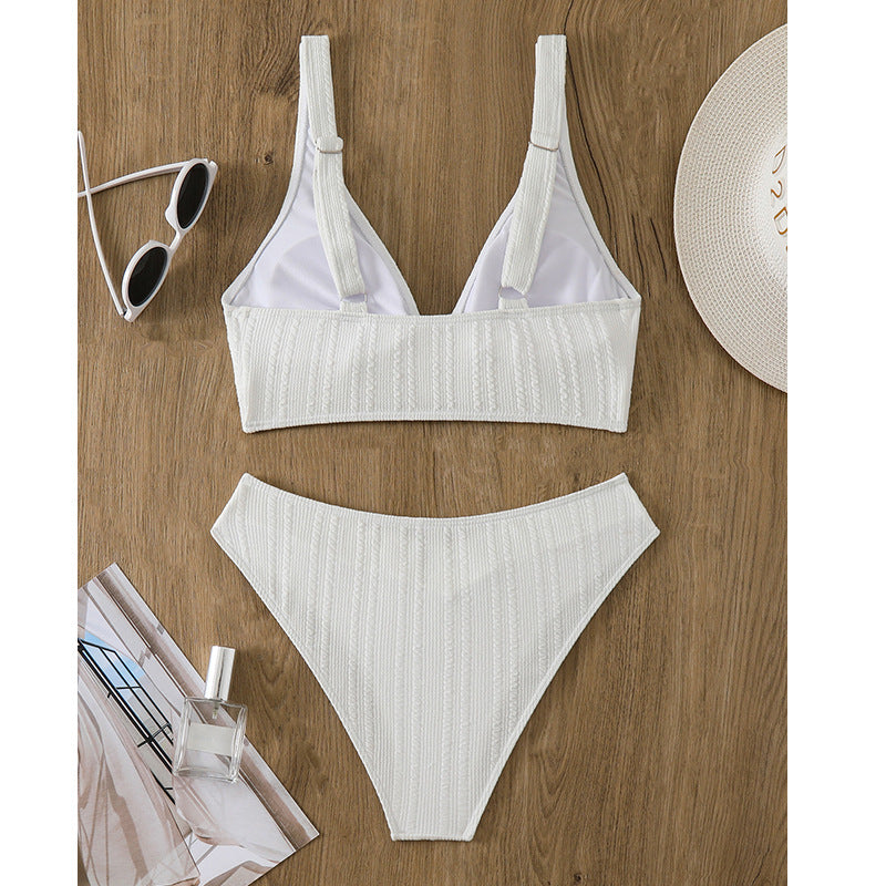 New Solid Color Backless Deep V Neck Bikini with Shoulder Straps and Split Design