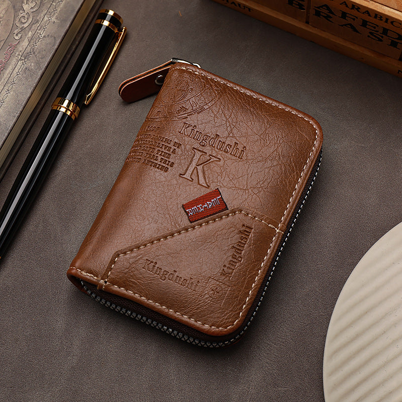 Men’s Genuine Leather Zipper Mini Document Bag – Compact Organ Card Holder Wallet with Textured Finish