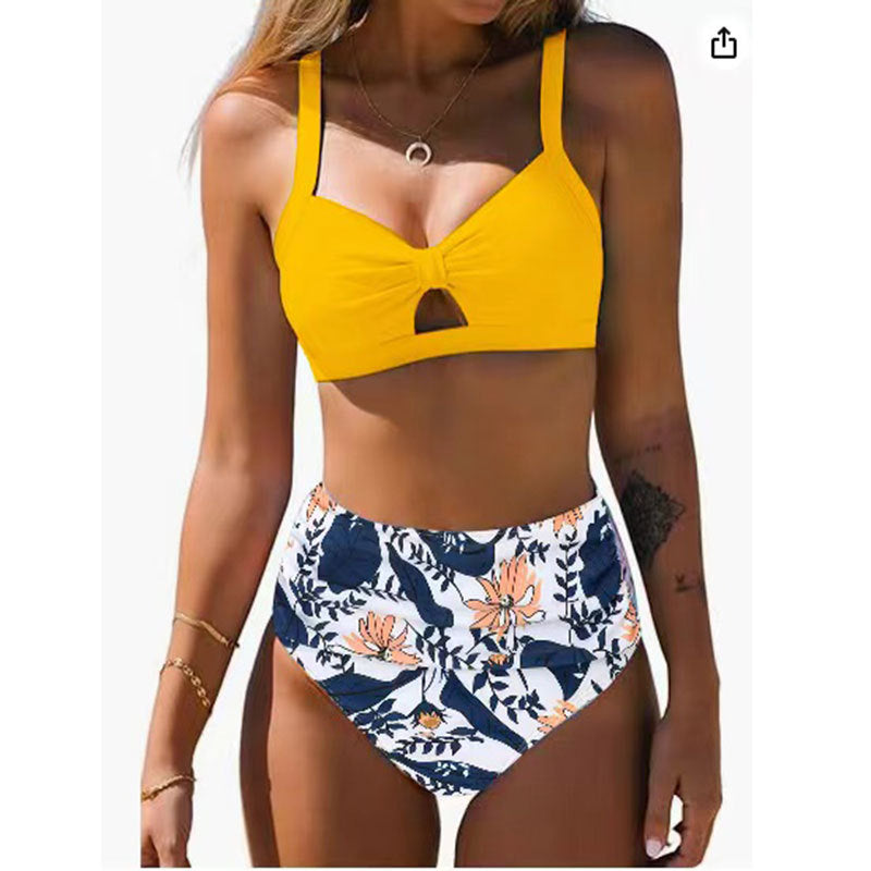 High-Waist Split Bikini Swimsuit - Digital Print Chest Design