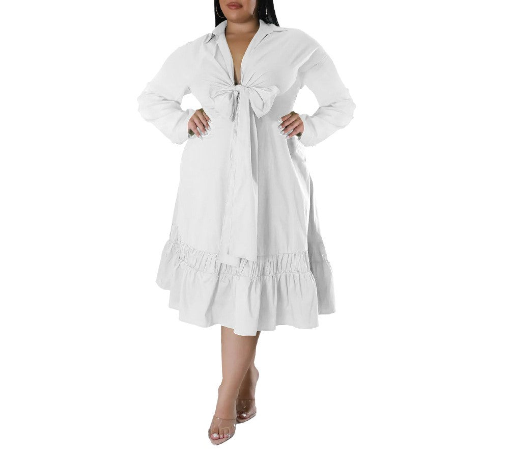 Plus Size Solid Color Ruffle Dress with Bow Tie Neck & Loose Sleeves – Casual Chic
