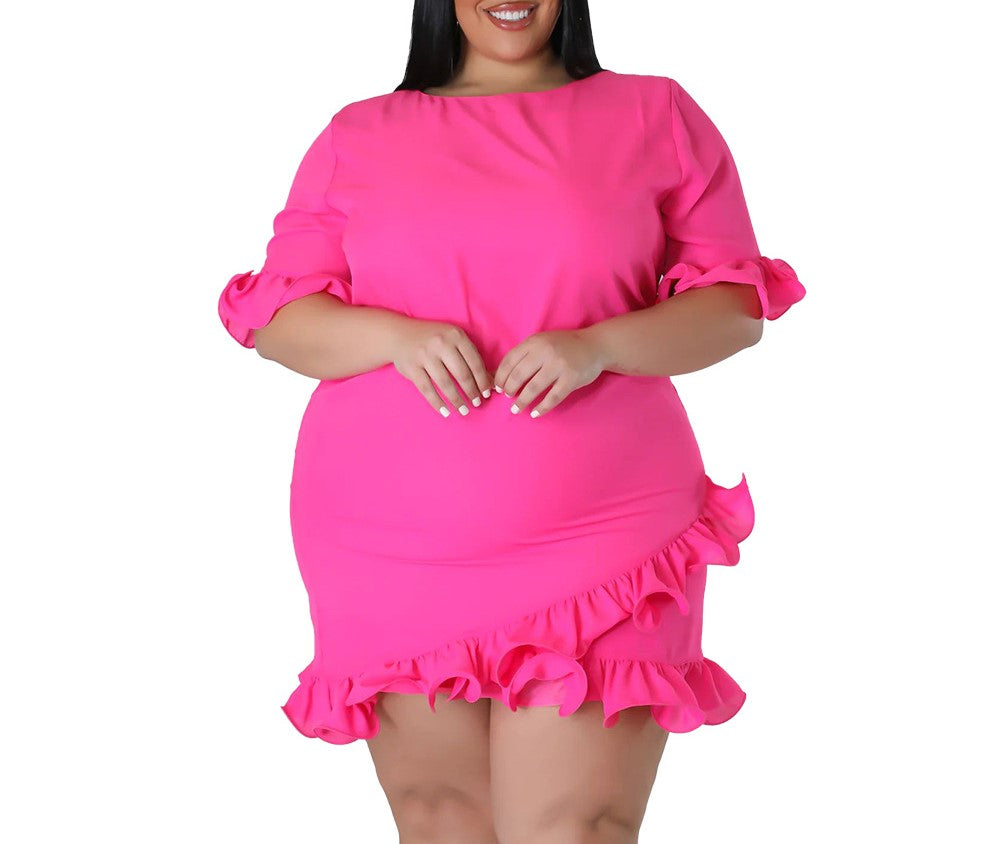 Plus Size Women's Slim Fit Ruffled Casual Dress – Solid Color, Round Neck