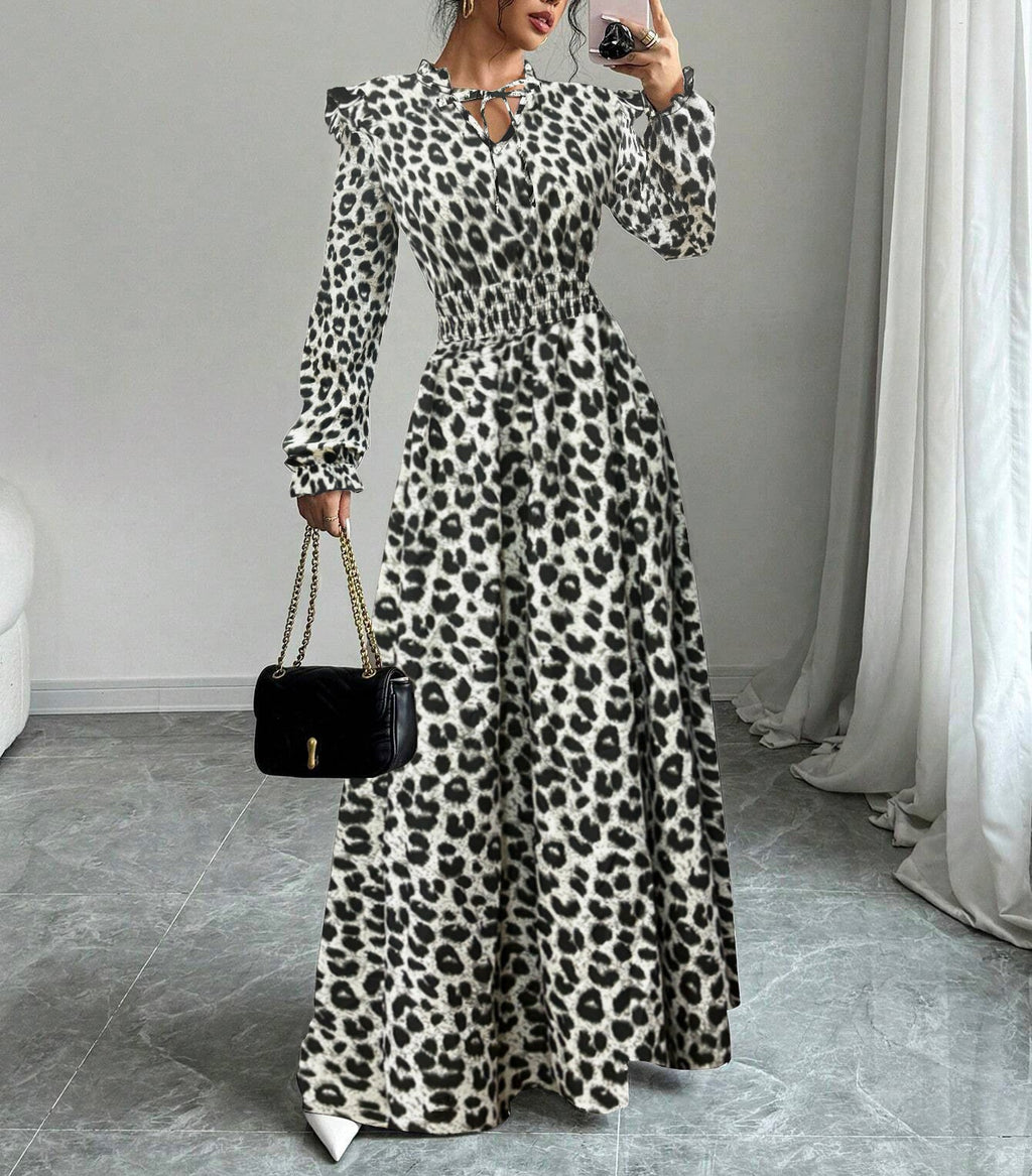 Women's Leopard Print Waist-Cinching Long Dress – Elegant Printed Maxi Dress with Flattering Fit