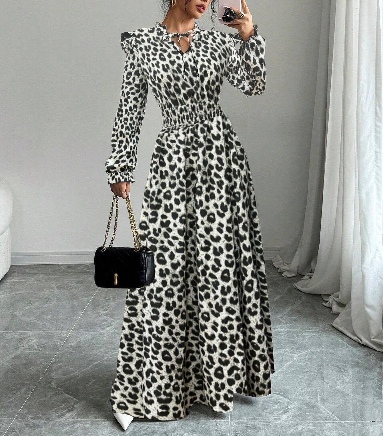 Women's Leopard Print Waist-Cinching Long Dress – Elegant Printed Maxi Dress with Flattering Fit