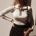 Women's Knitted Polo Sweater - French Style Slim Ribbed Knit