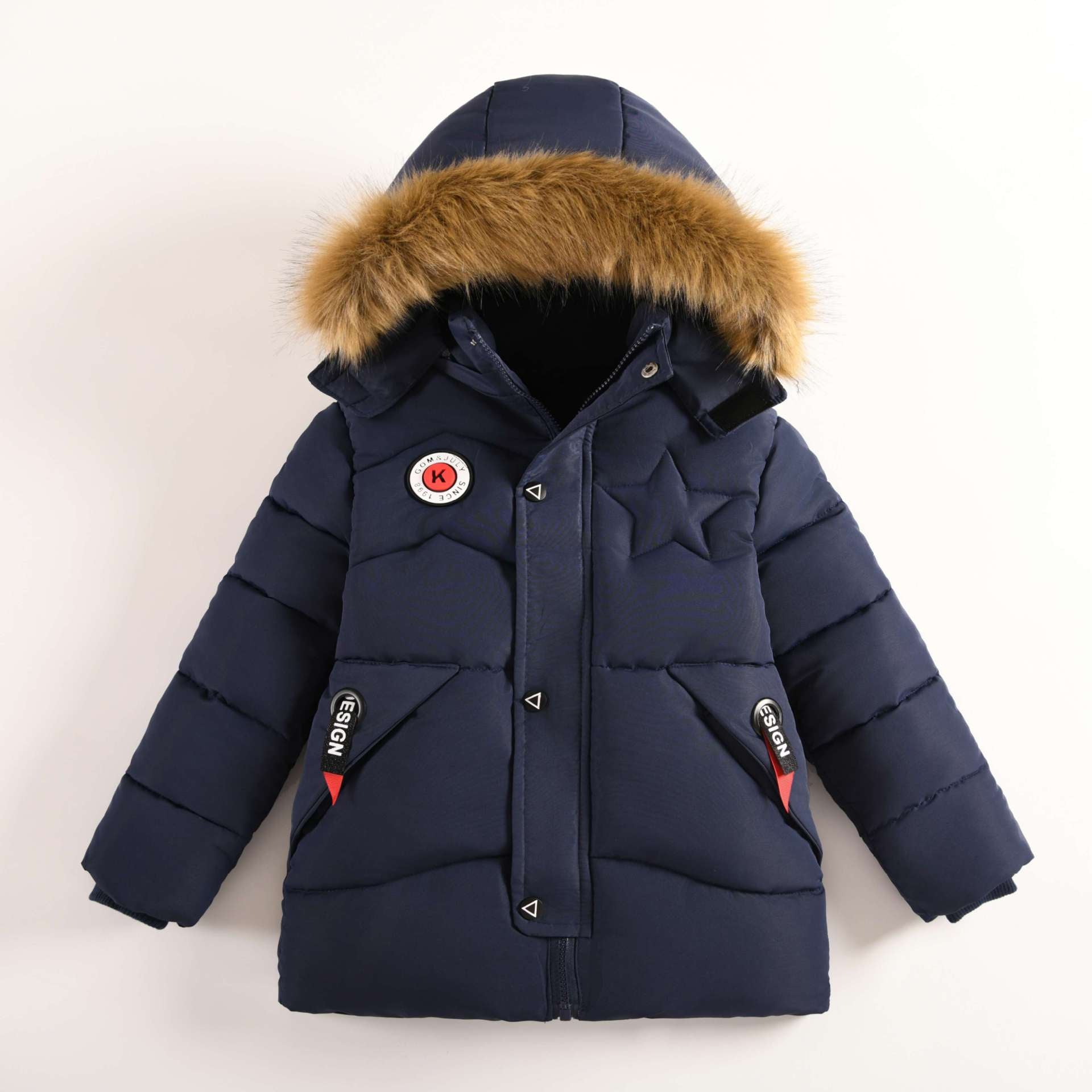 New Winter Boys’ Cotton Coat with Hood – Plush Thickened Warm Jacket for Middle and Large Children - RAC25JP3241BOW
