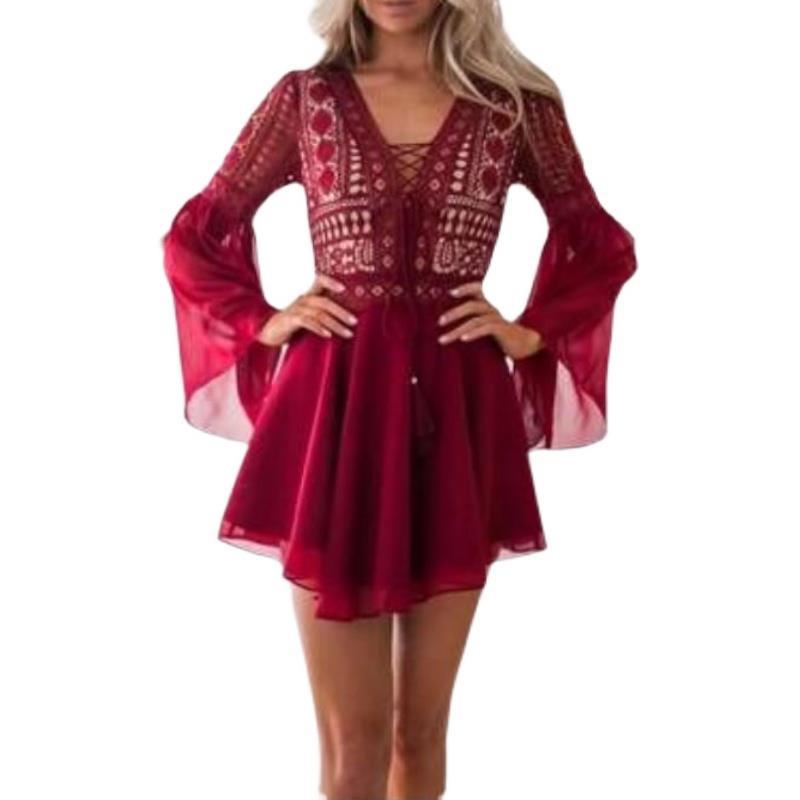 Women’s Chiffon Dress Flying Sleeve Long Sleeve V-Neck Cut-Out Short Skirt Elegant Casual Wear