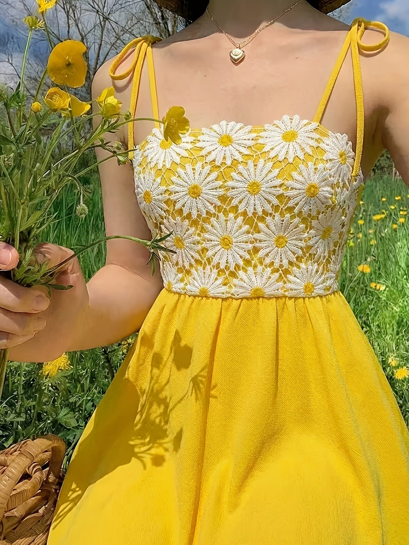 Women's Yellow Sundress with Daisy Embroidery – A-Line Sleeveless Summer Dress for Vacation, Casual Wear and Beach Outfits
