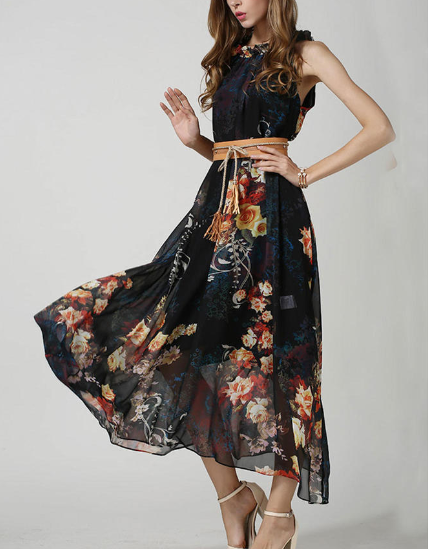 Sleeveless High Waist Printed Chiffon Dress