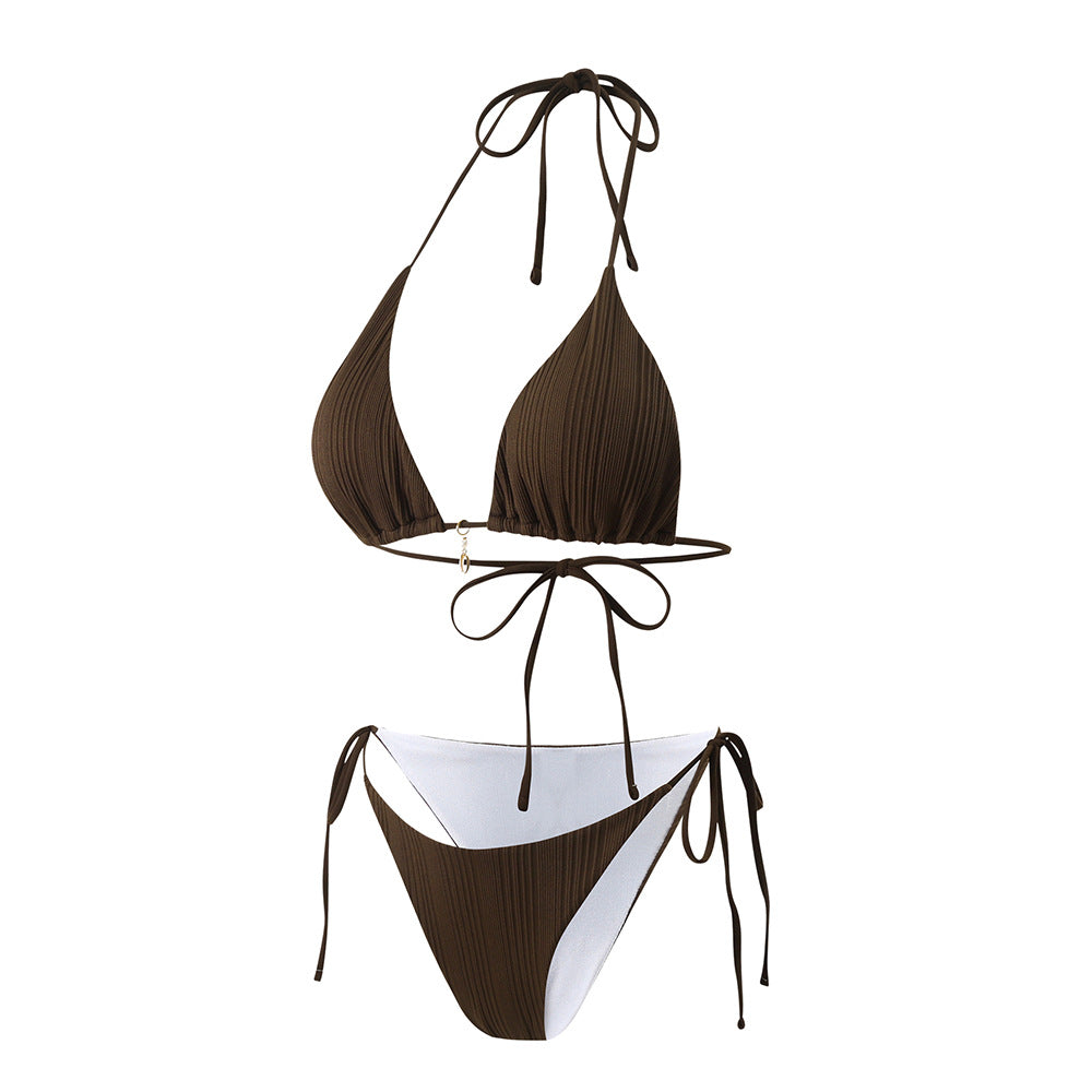New Solid Color Bikini with Split Strap and Pure Neck - Beach Swimsuit