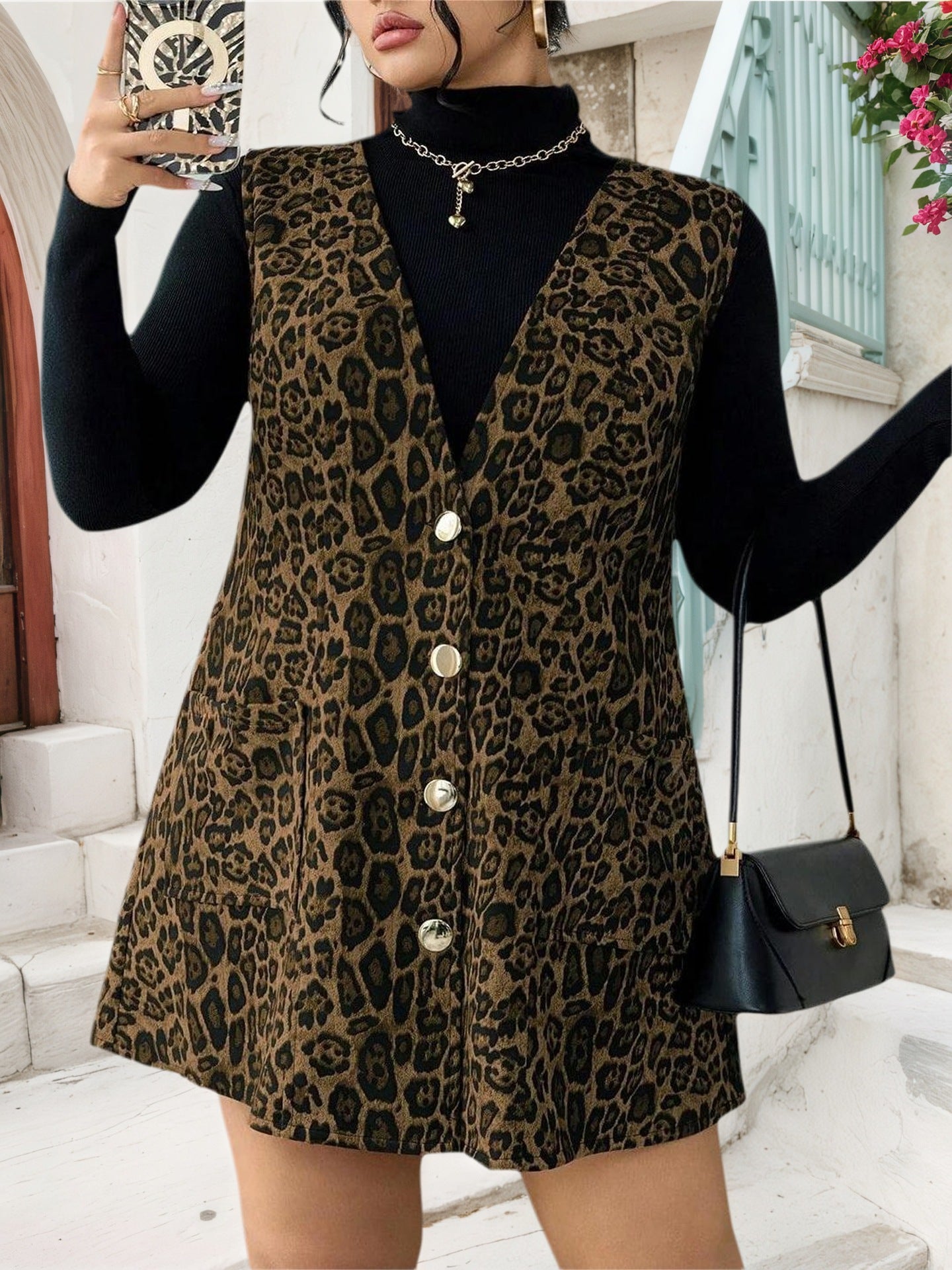 Women's Leopard Print V Neck Sleeveless Loose Fit Casual Vest Top