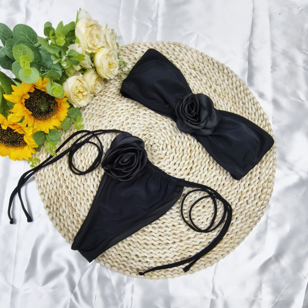 Solid Color Flower Tube Top Drawstring Strap Split Bikini Swimsuit - Trendy Summer Swimwear