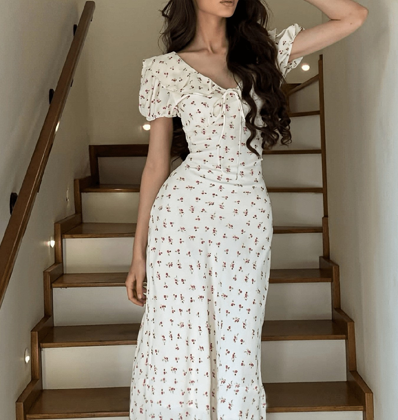 Women's French Peter Pan Collar Summer Dress with Short Sleeves, Elegant Casual A-Line Midi Dress