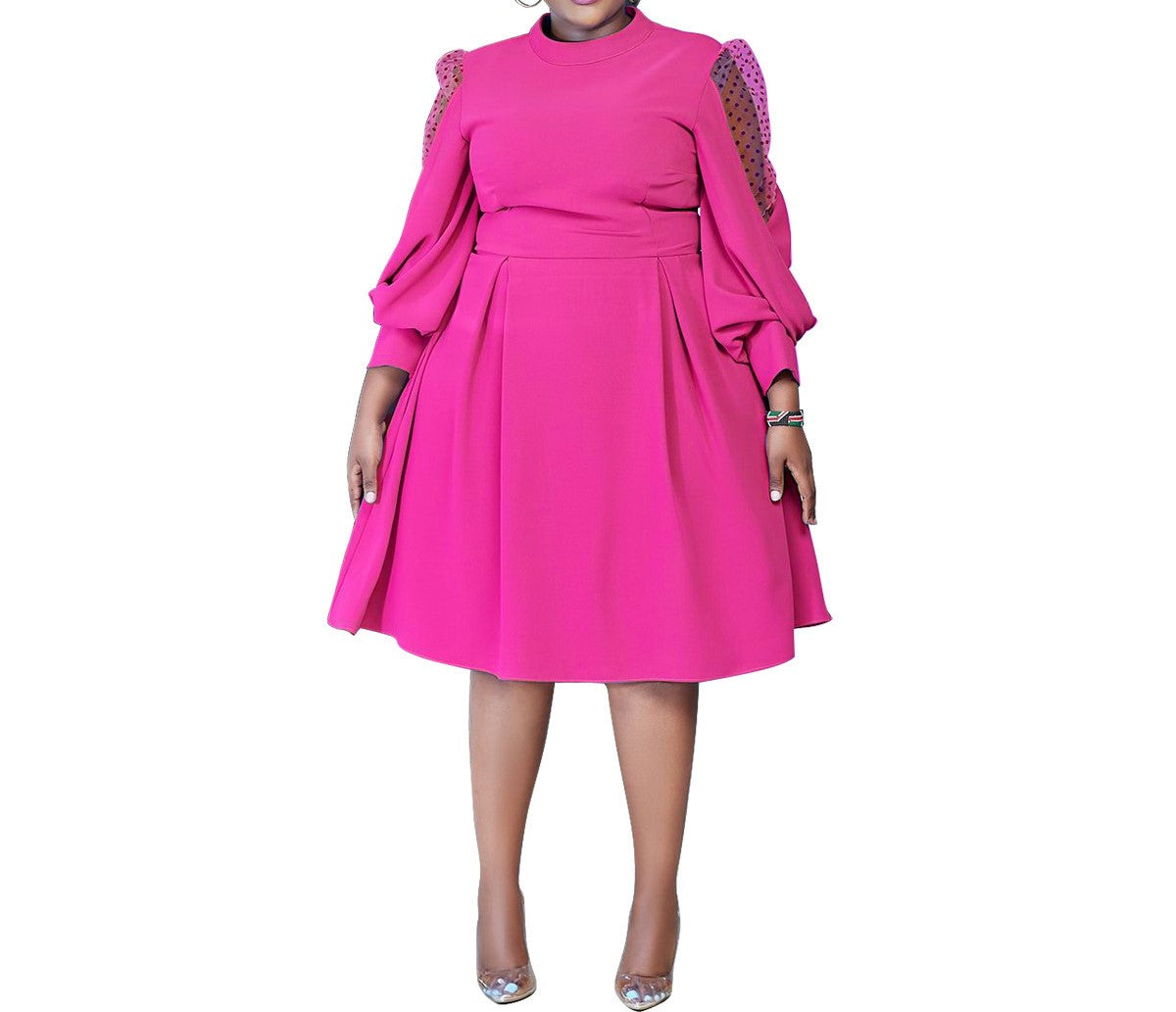 New Arrival Polka Dot Mesh Sheer Lantern Sleeve Slim Waist Plus Size Dress