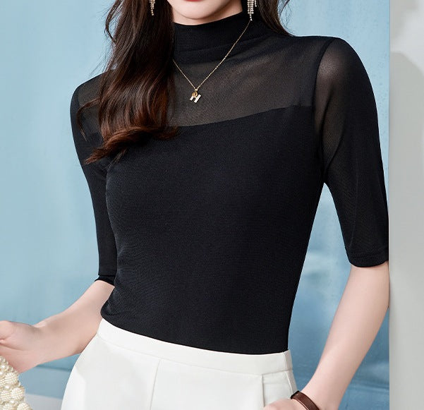 Women's High-Neck Mesh Base Layer Top - Lightweight Long Sleeve Inner Shirt