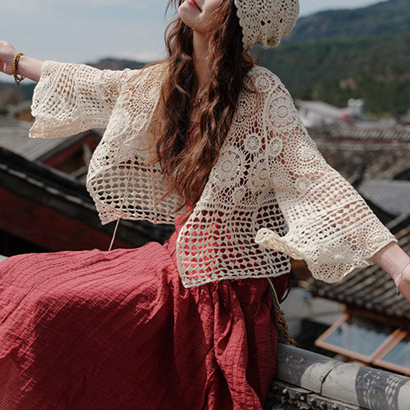 Women's Summer Bohemian Hollow-Out Long Sleeve Beach Vacation Cover-Up Top