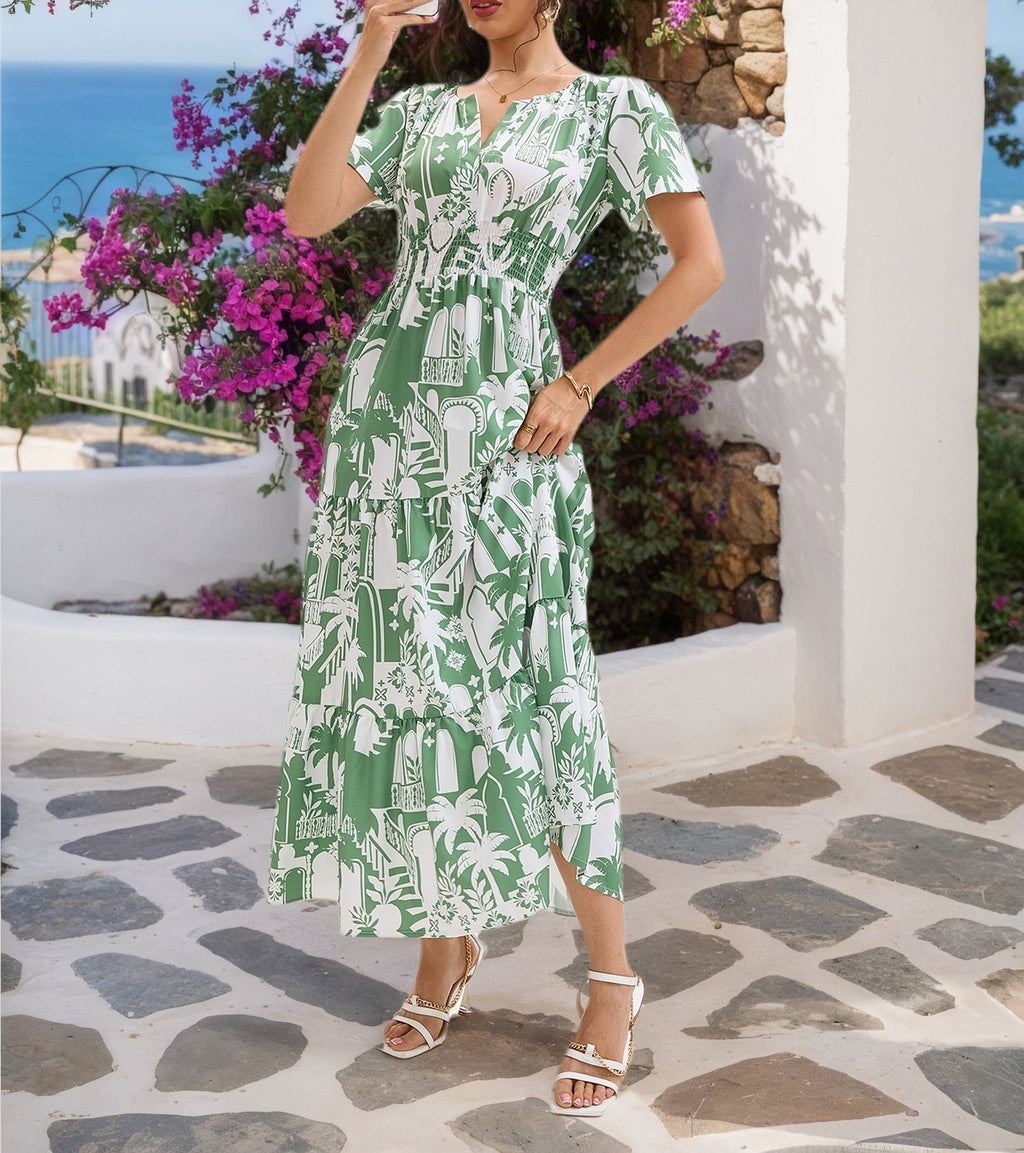 Women's Casual Printed V-Neck Waist-Cinching Summer Holiday Maxi Dress