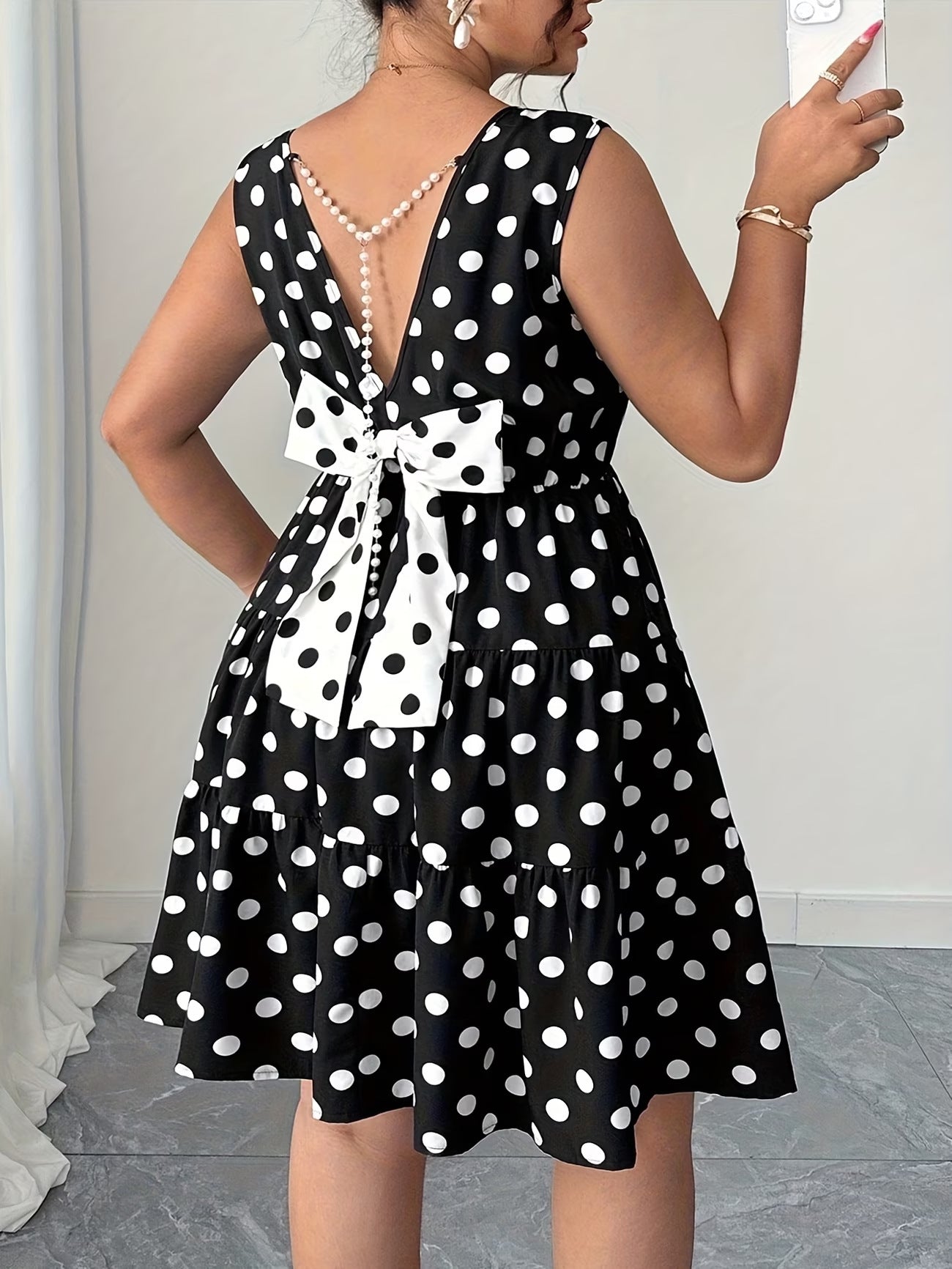 Women's Plus Size Polka Dot Midi Dress - Summer Retro Style, Waist-Defining, Short Sleeve, Comfortable Casual Dress
