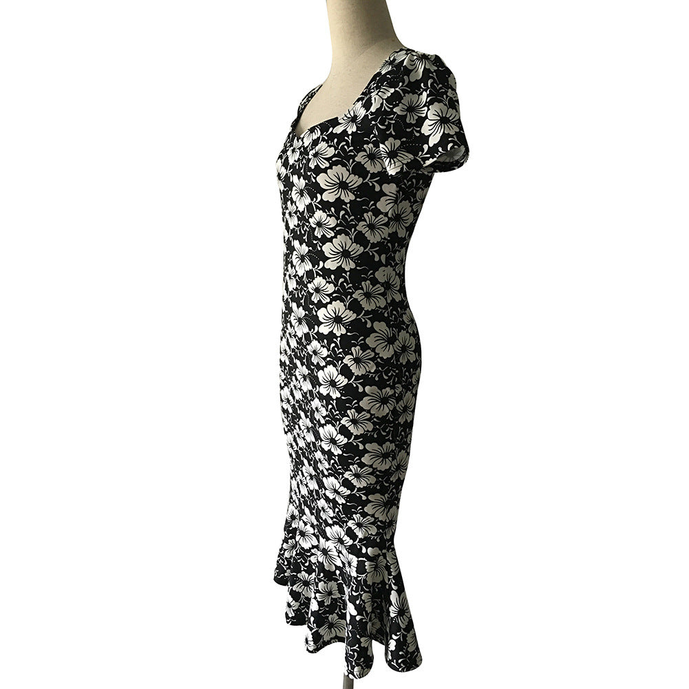 Women V Neck White Flower Fishtail Evening Dress
