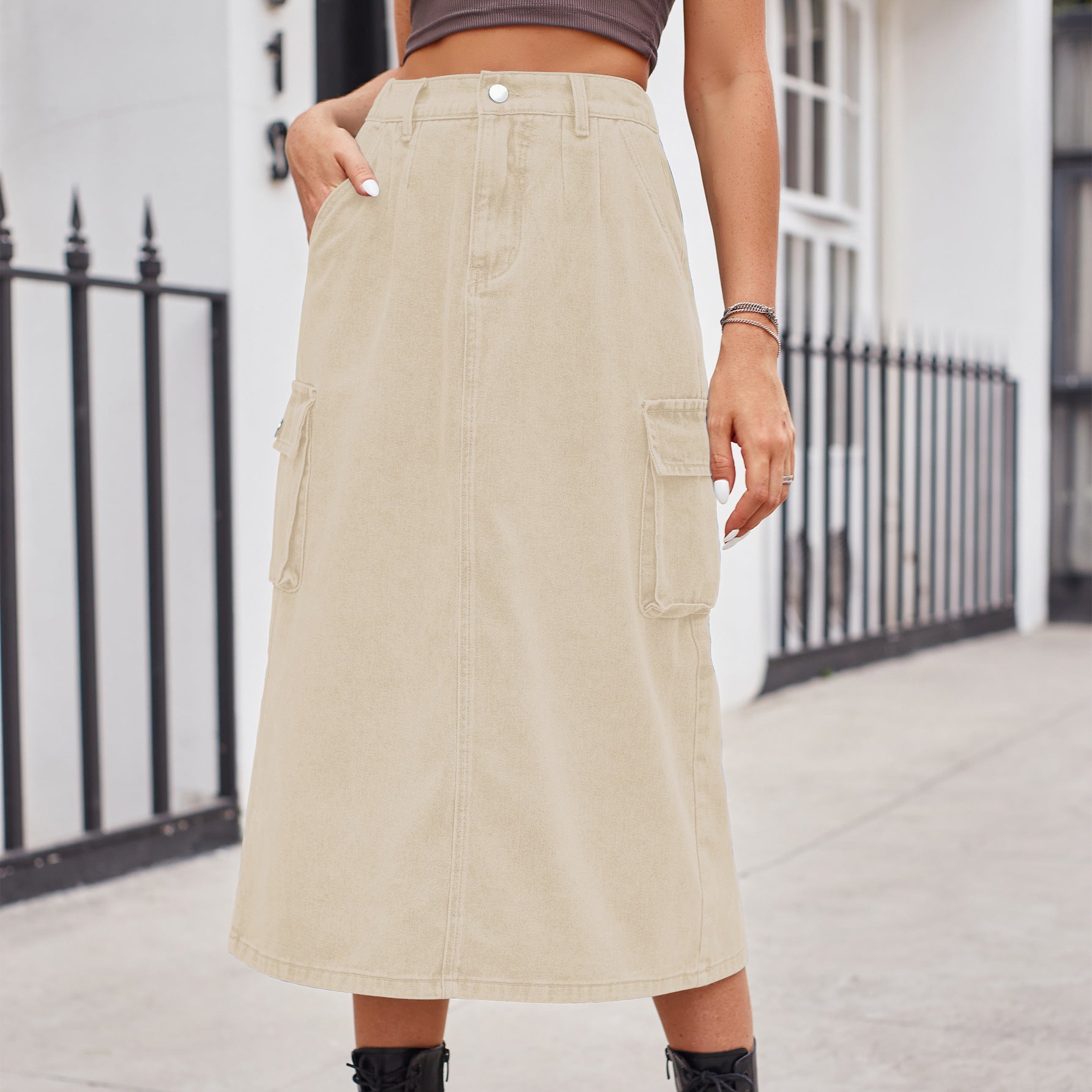 Slimming Wash Denim Cargo Midi Skirt for Women