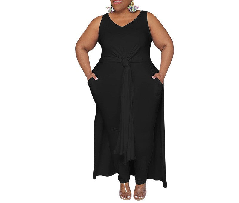 Plus Size Women's Sleeveless V-Neck Slim Skirt Suit – Solid Color Casual Set with Slit & Pockets