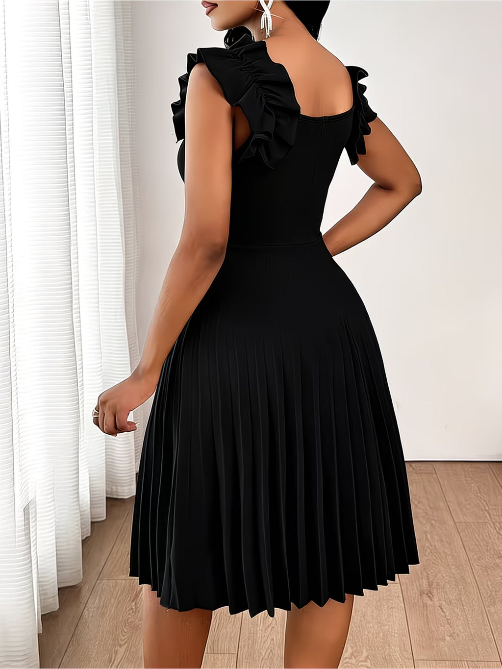 Plus Size Women's Summer Elegant Ruffled Pleated Solid Color Waist-Cinching Midi Dress