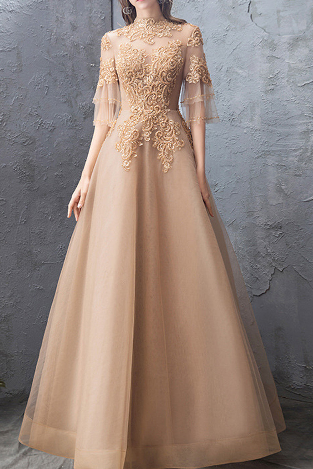 Women Half Sleeve Lace Decorated Long Breathable Skirt Wedding Party Dress
