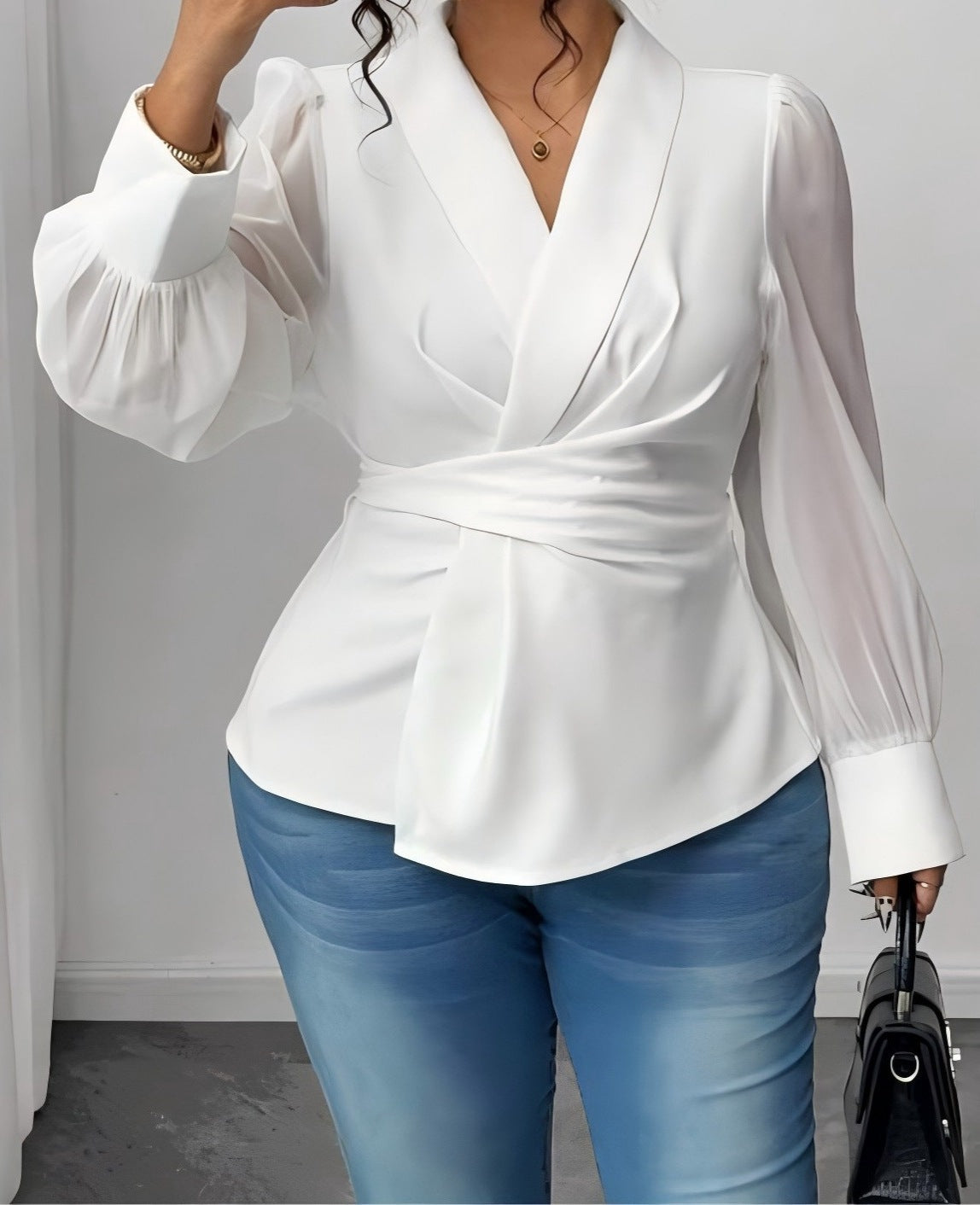 Women's White Long-Sleeved Waist-Defined Plus Size Casual Blouse
