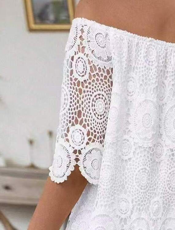 Women's Solid Color One-Shoulder Short Sleeve Lace Cutout Dress