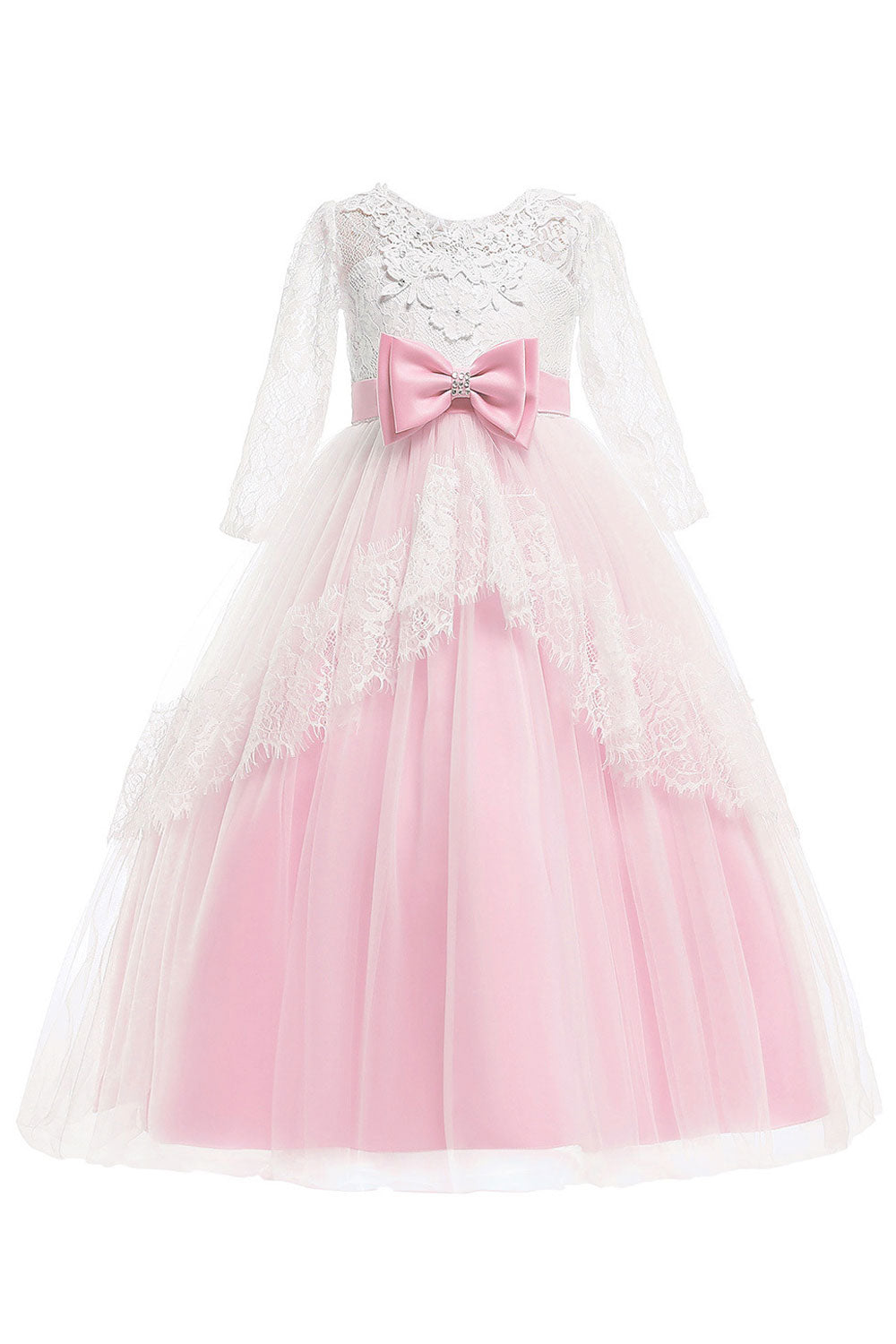 Kids Girls Outstanding Bow Knoted Waist Round Neck Floral Lace Decorated Beautiful Princess Dress