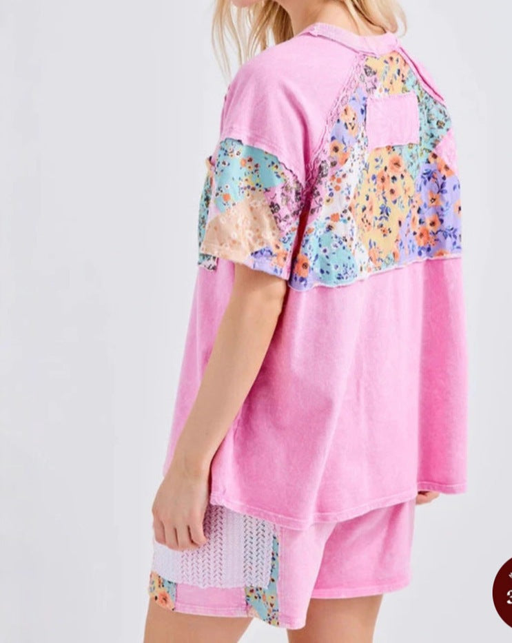 Summer Casual Round Neck Short-Sleeved Floral Patchwork T-Shirt Top for Women