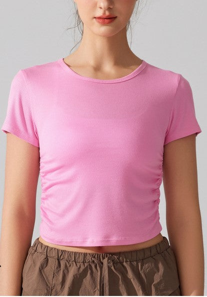 Pleated Waist Slimming T-Shirt Women's Ribbed Stretch Short Sleeve Sports Top for Summer Fitness Yoga & Running