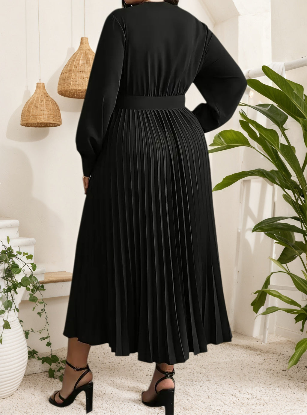 Women's Autumn Winter V-Neck Pleated Dress with Belt Large Hem Casual Plus Size Long Sleeve Fashion Midi Dress