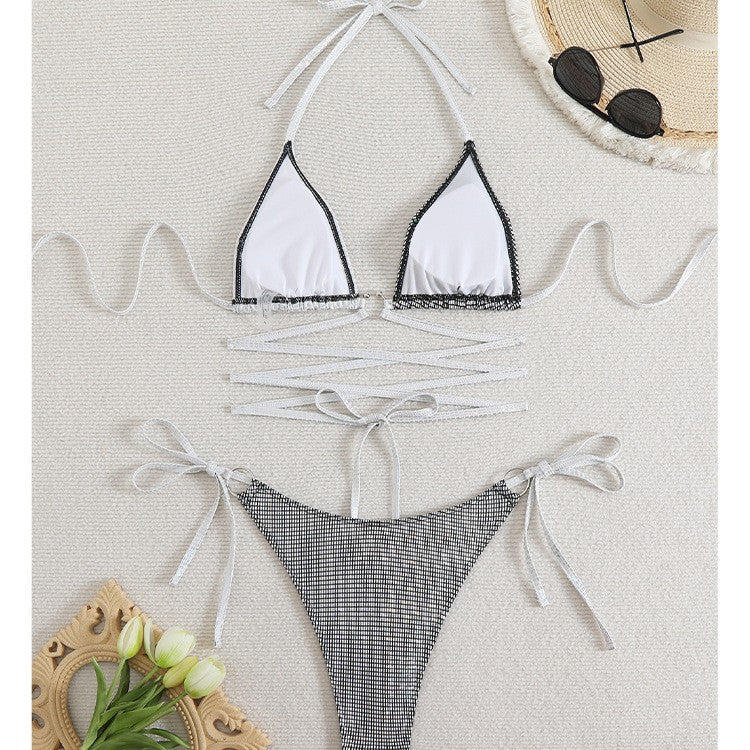 New Drawstring Lace-up Triangle Bikini Top with High-Cut Bottoms for Women