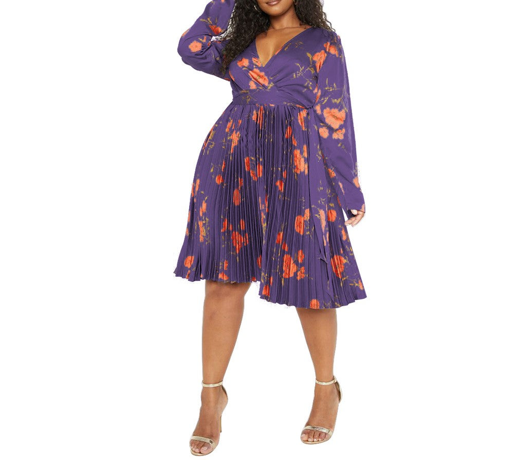 Autumn Floral Dress for Women – Deep V Neck, Pleated Skirt, Elegant Temperament Style