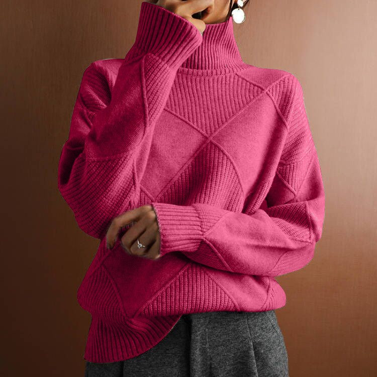 Women's Loose Elegant High-Neck Knitwear - Solid Color Commuter Sweater
