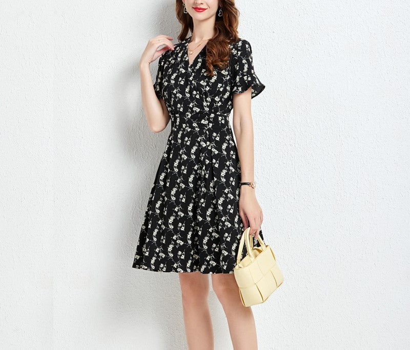 Plus Size V-Neck Floral Print Chiffon Dress – New Summer Style, Short-Sleeved A-Line Waist-Cinching Slimming Dress