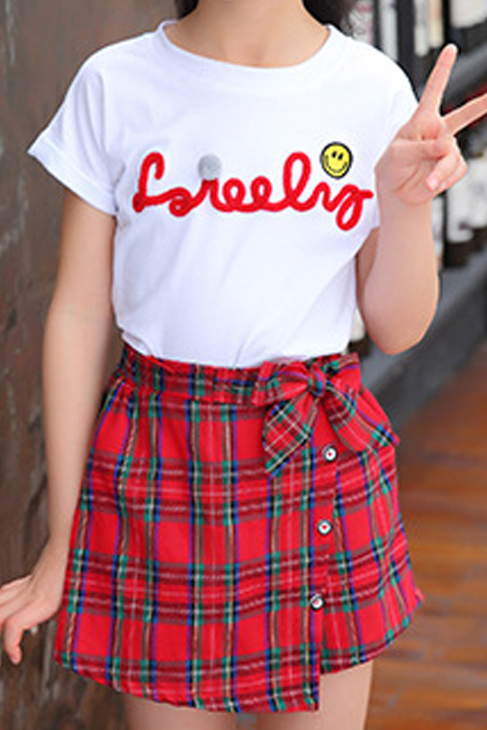 Kids Girls Cute Plaid Pattern Skirt Letter Printed T-Shirt Two Piece Outfit