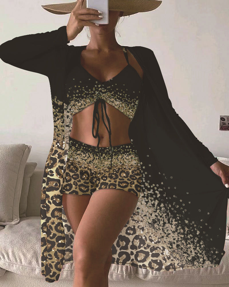 Three-Piece Bikini Set with Printed Split Boxers