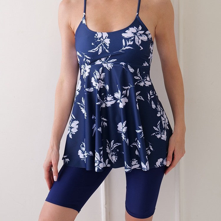 New Digital Print Tankini Slim Strap Skirt Split Swimsuit Set
