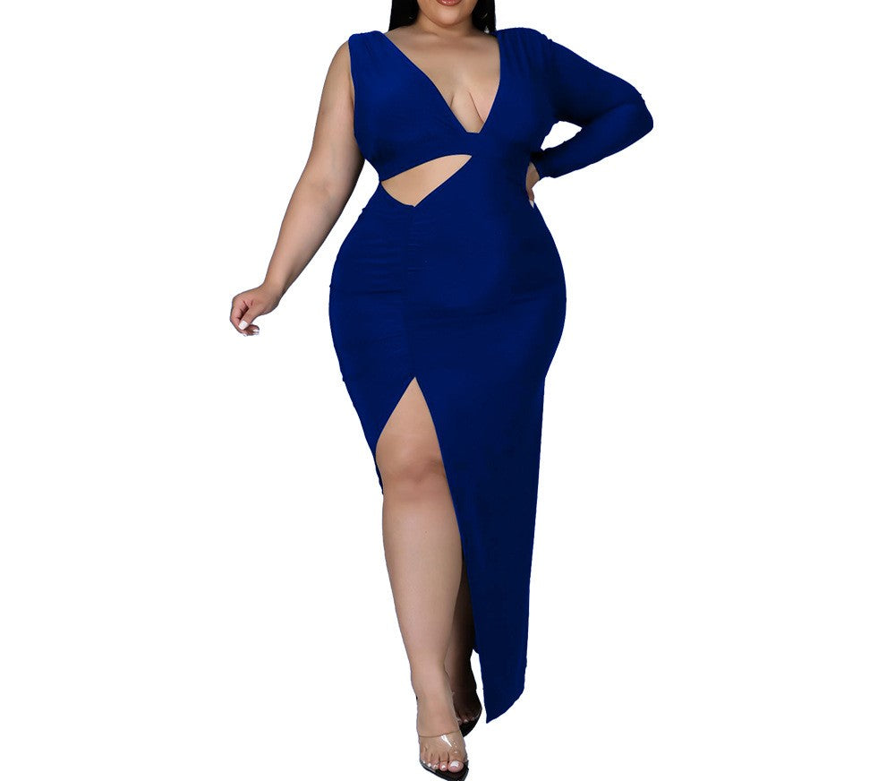 Elegant Solid Color One-Sleeve Hollow Long Dress – Sophisticated Evening Gown