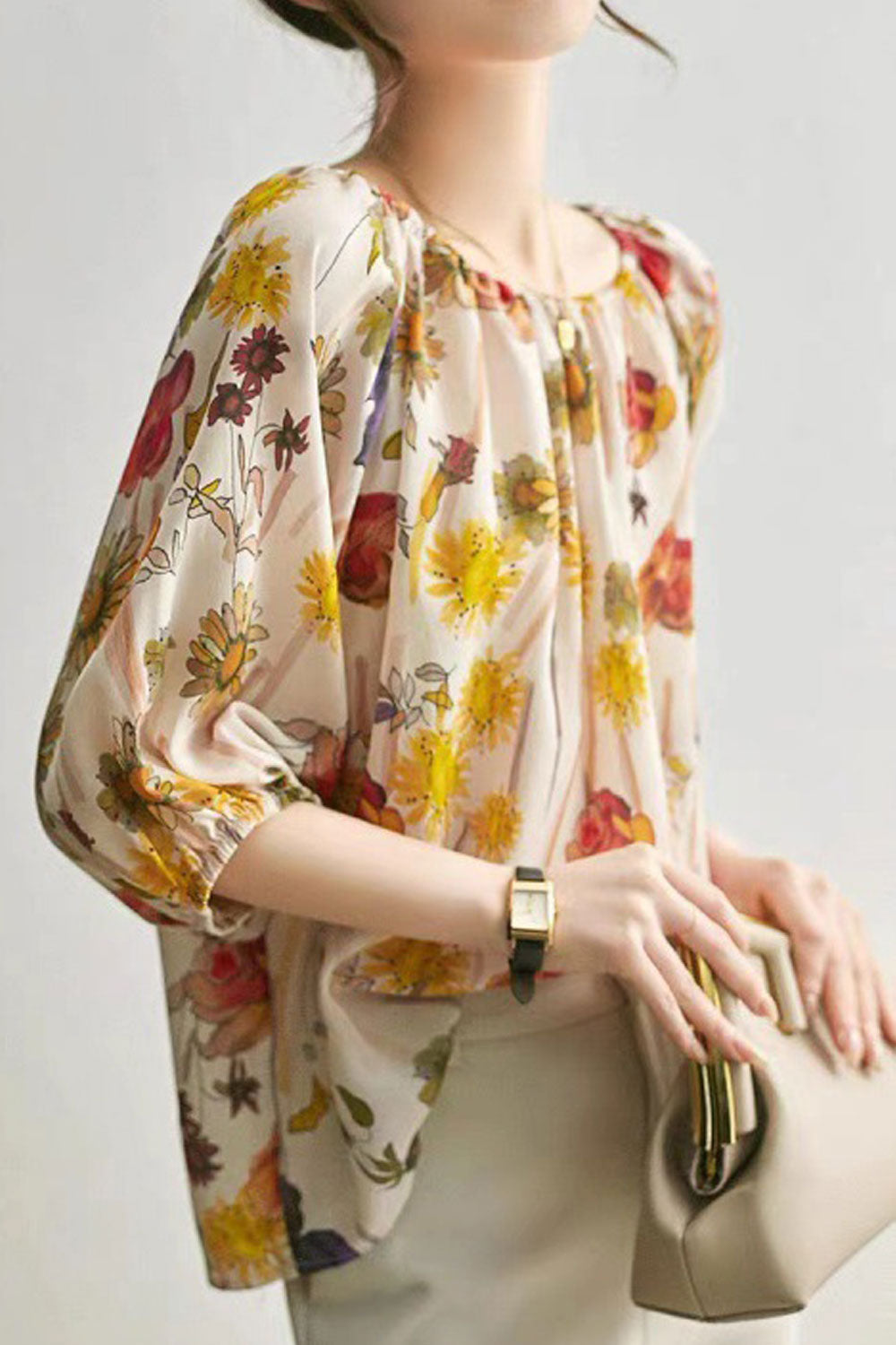 Women Beautiful Floral Printed Round Neck Silk Shirt & Blouse