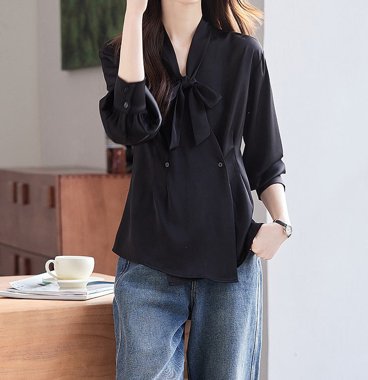 Elegant Women's Bow Detail Long-Sleeve Shirt - Premium Spring & Autumn Fashion Top