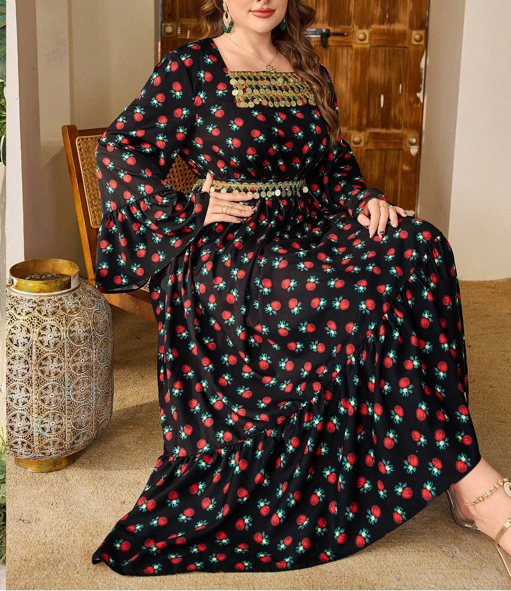 Women's Plus Size Square Neck Floral Print Lace-Up Waist Dress, Flattering A-Line Midi Dress with Short Sleeves