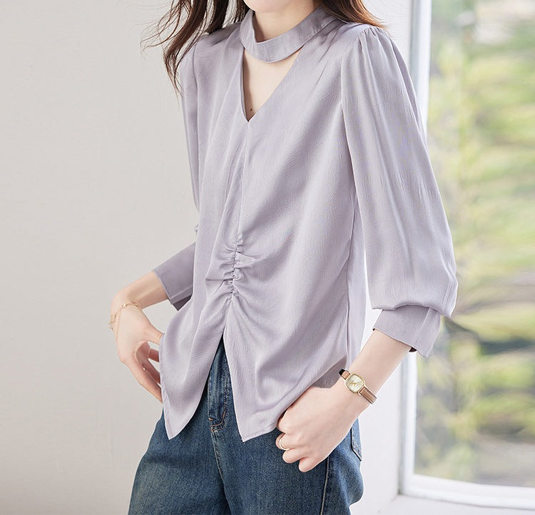 Women's Plus Size Casual Long Sleeve V-Neck Shirt - Versatile Spring & Autumn Top