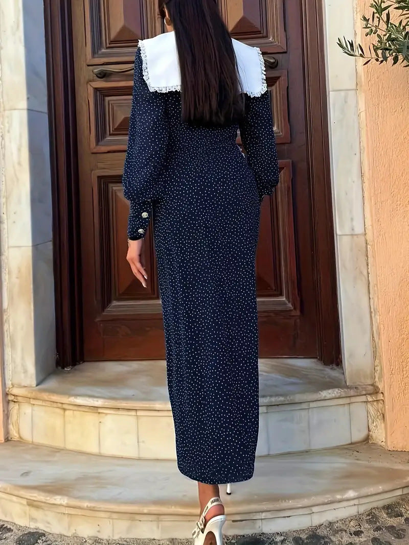 Women's Elegant Contrast Color Lotus Collar Polka Dot Long Sleeve Midi Dress