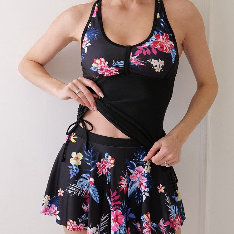 Women's Printed Color Block Tankini Split Swimsuit