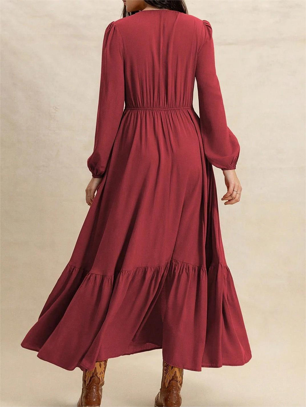 Women's Solid Color Long Sleeve V-Neck Button Front Lace Patchwork Waist-Defined Split Midi Dress