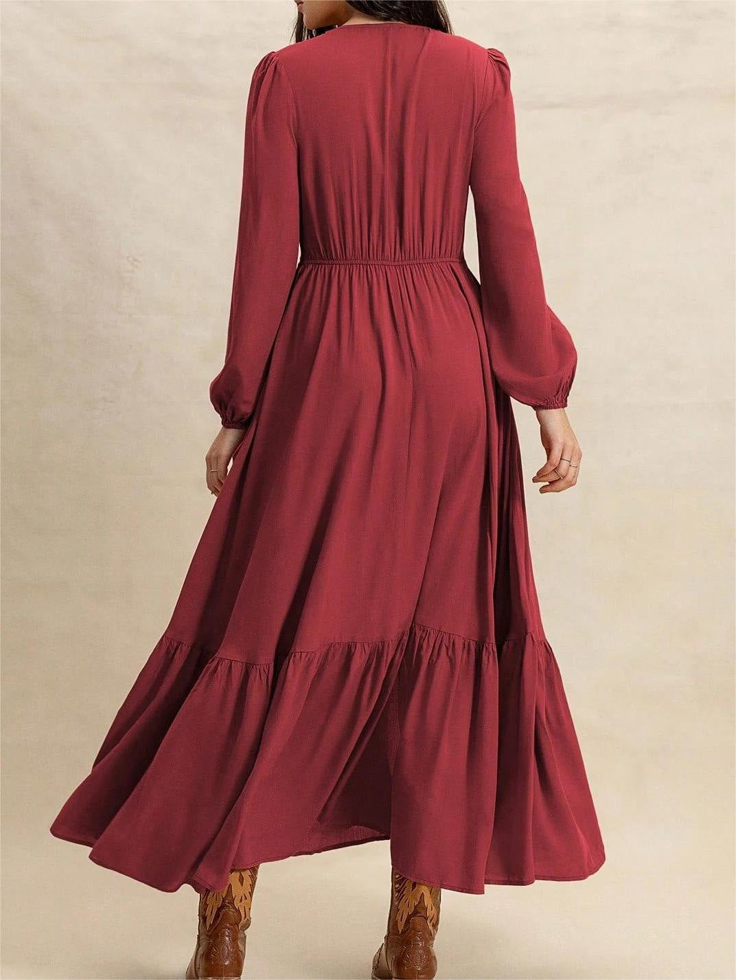 Women's Solid Color Long Sleeve V-Neck Button Front Lace Patchwork Waist-Defined Split Midi Dress
