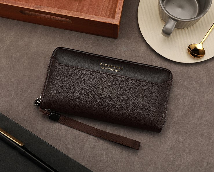 Business Men’s Long Leather Wallet with Multi Card Slots, ID Window, and Coin Pocket