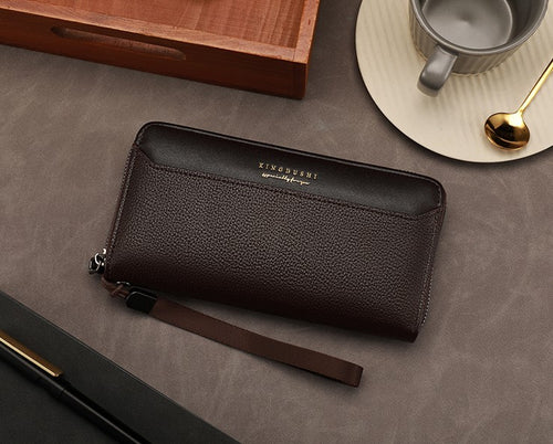Business Men’s Long Leather Wallet with Multi Card Slots, ID Window, and Coin Pocket